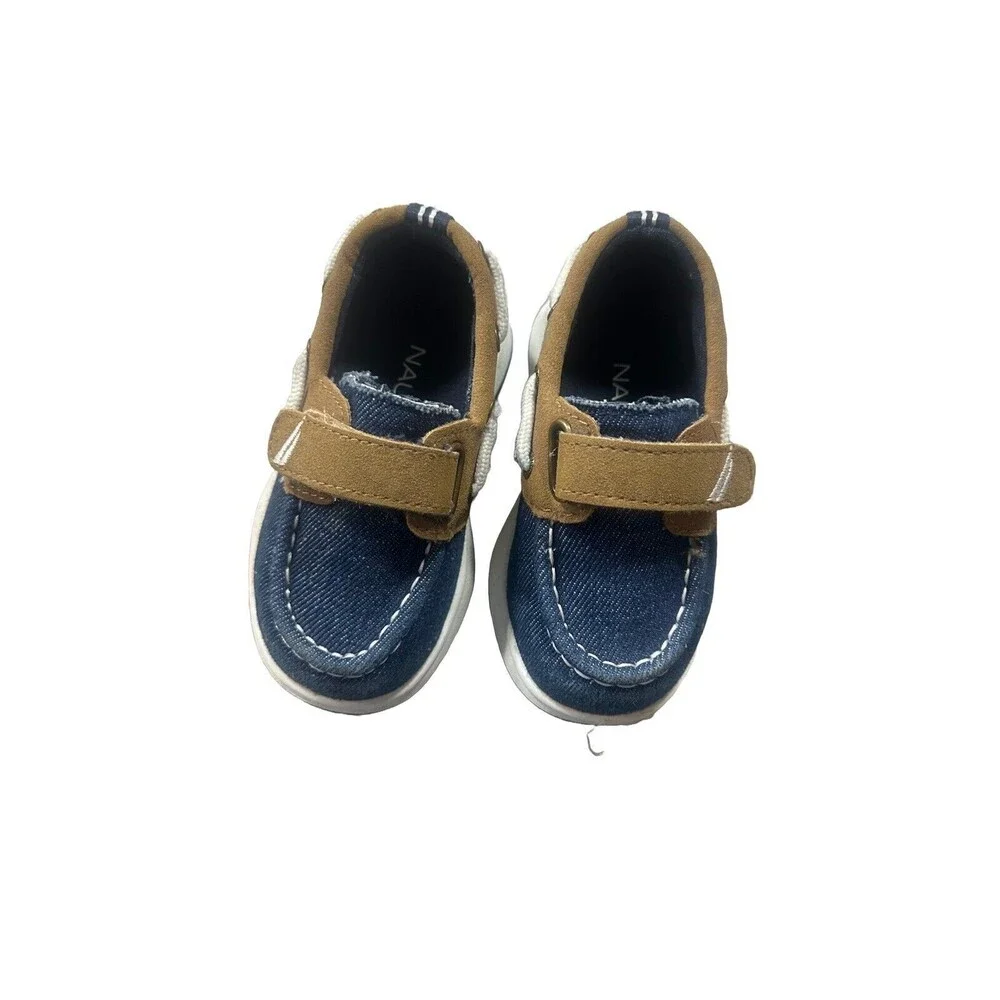 Náutica Teton Denim Navy Brown Boat Loafer Casual Strap Toddler Shoes Size 5